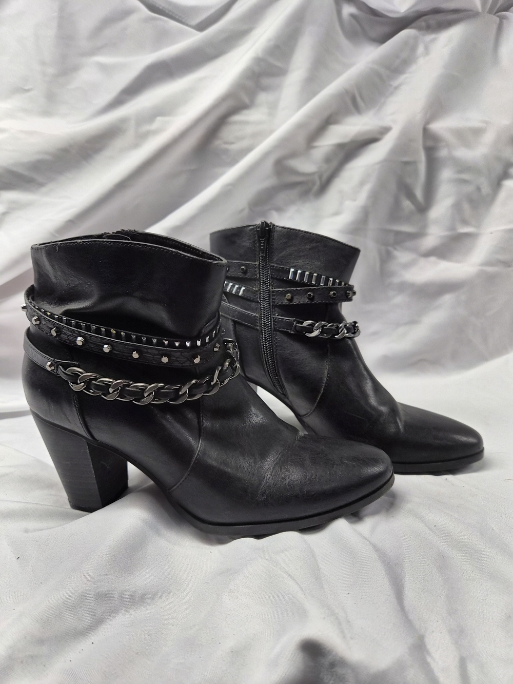 Black Studded Chain Ankle Boots - Women